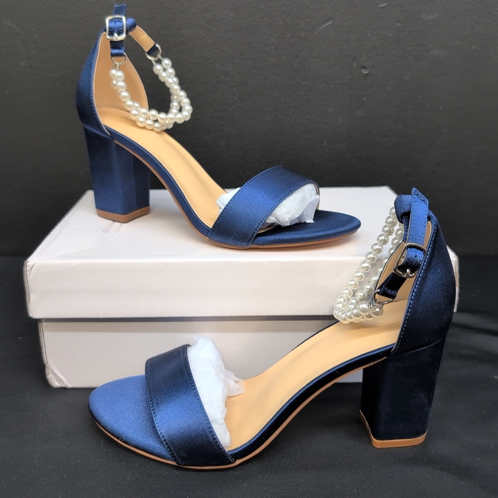 Women Pearl Block Heel Satin Sandals US 7 Blue